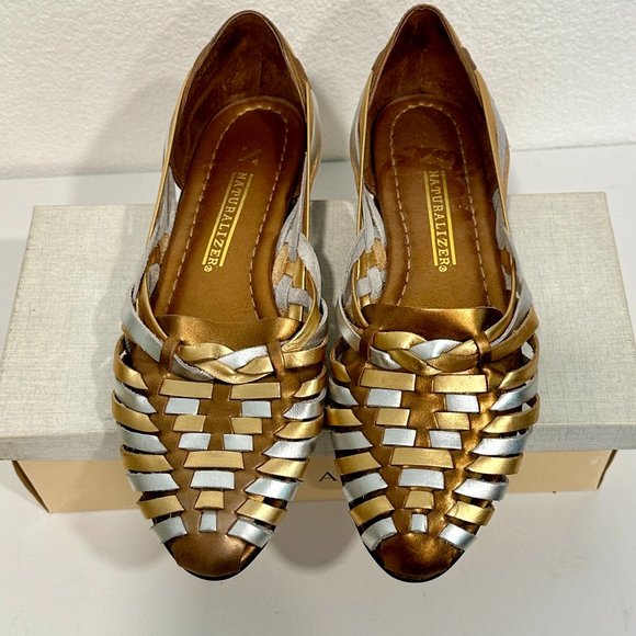 Naturalizer Shoes - VTG Naturalizer Adventure Slip On Leather Flats Metallic Gold and Silver SZ 9.5